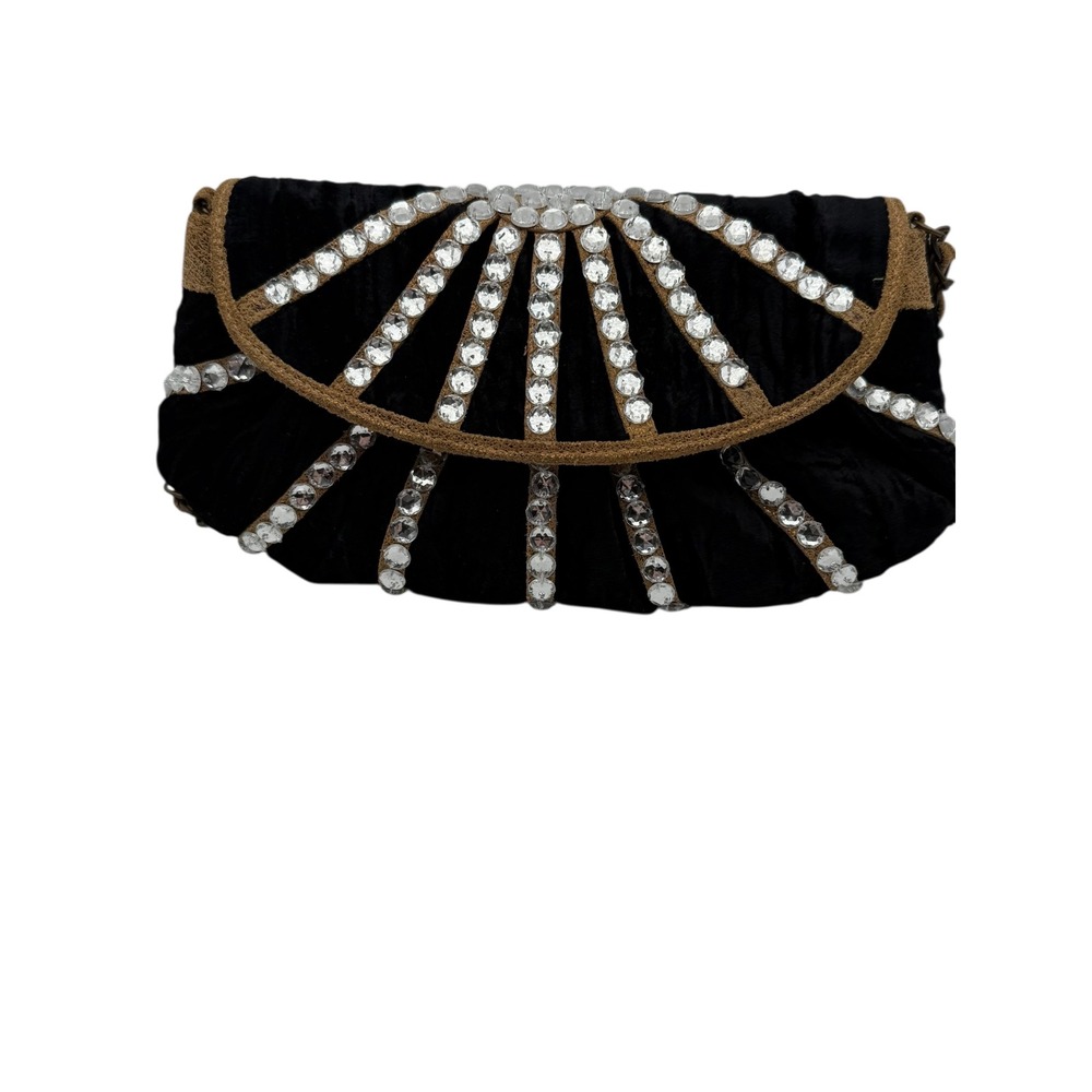 Betsey Johnson Black Velvet Rhinestone Clutch – Vintage Leather Trim Glam